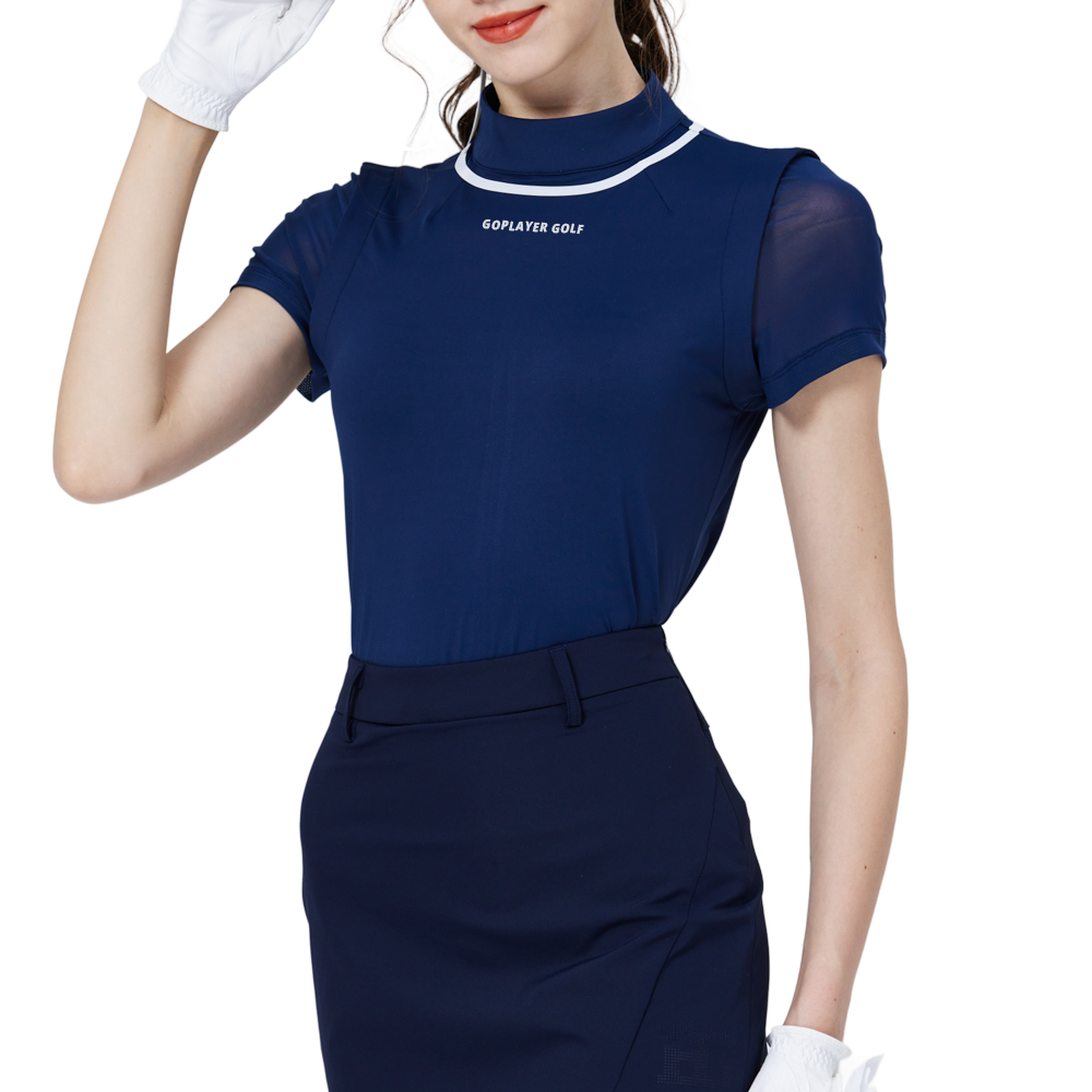 網紗袖圓領女短袖上衣(寶藍)