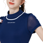網紗袖圓領女短袖上衣(寶藍)