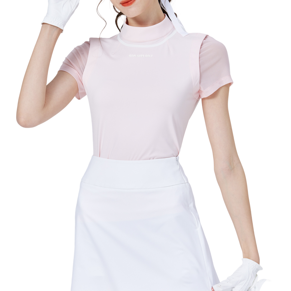 網紗袖圓領女短袖上衣(粉紅)