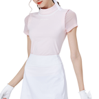 ラウンドネックとメッシュスリーブのレディース半袖トップス（ピンク）