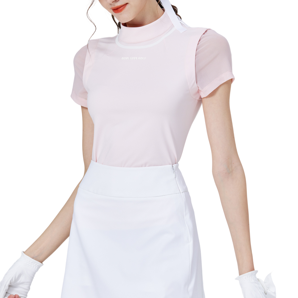 網紗袖圓領女短袖上衣(粉紅)