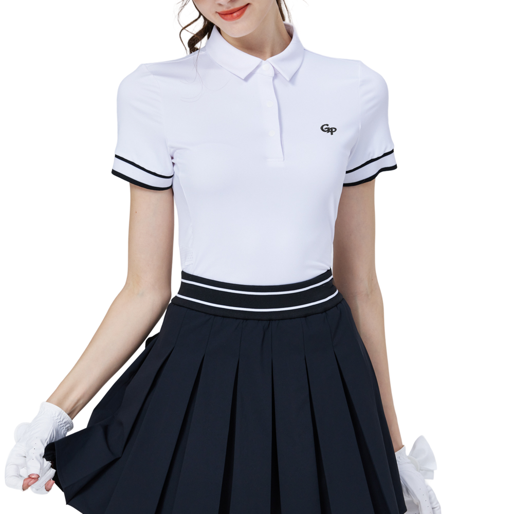 リブ編みの袖口、シルク仕上げ、レディース半袖トップス（ホワイト）