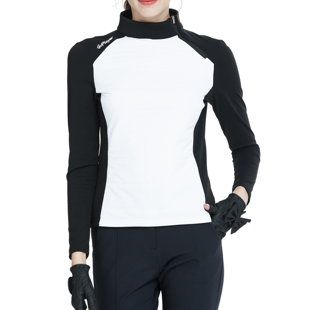 White turtleneck sweatshirt with diagonal zipper