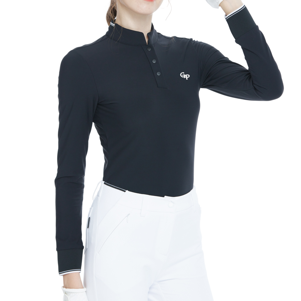 Black long-sleeved top with stand-up collar