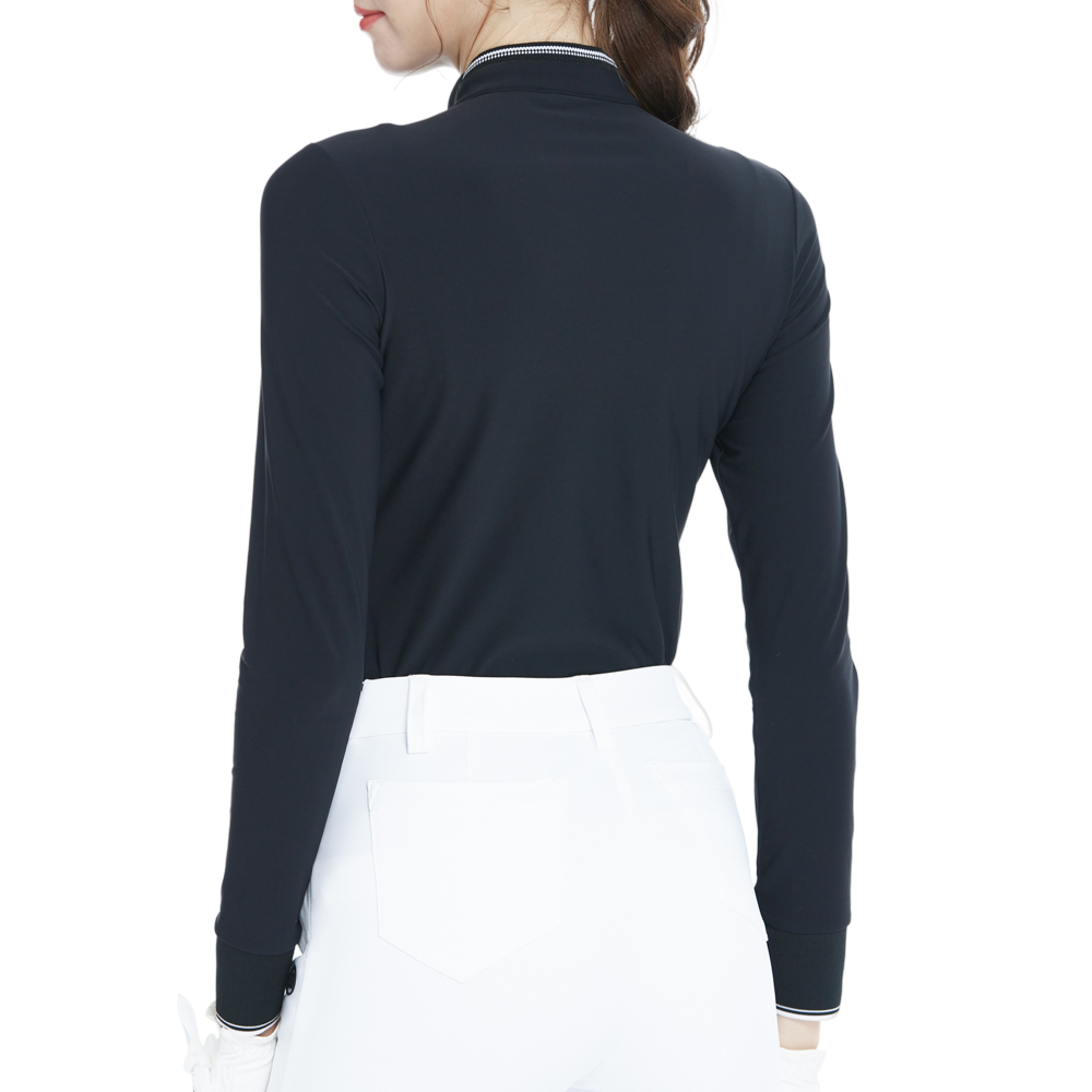 Black long-sleeved top with stand-up collar