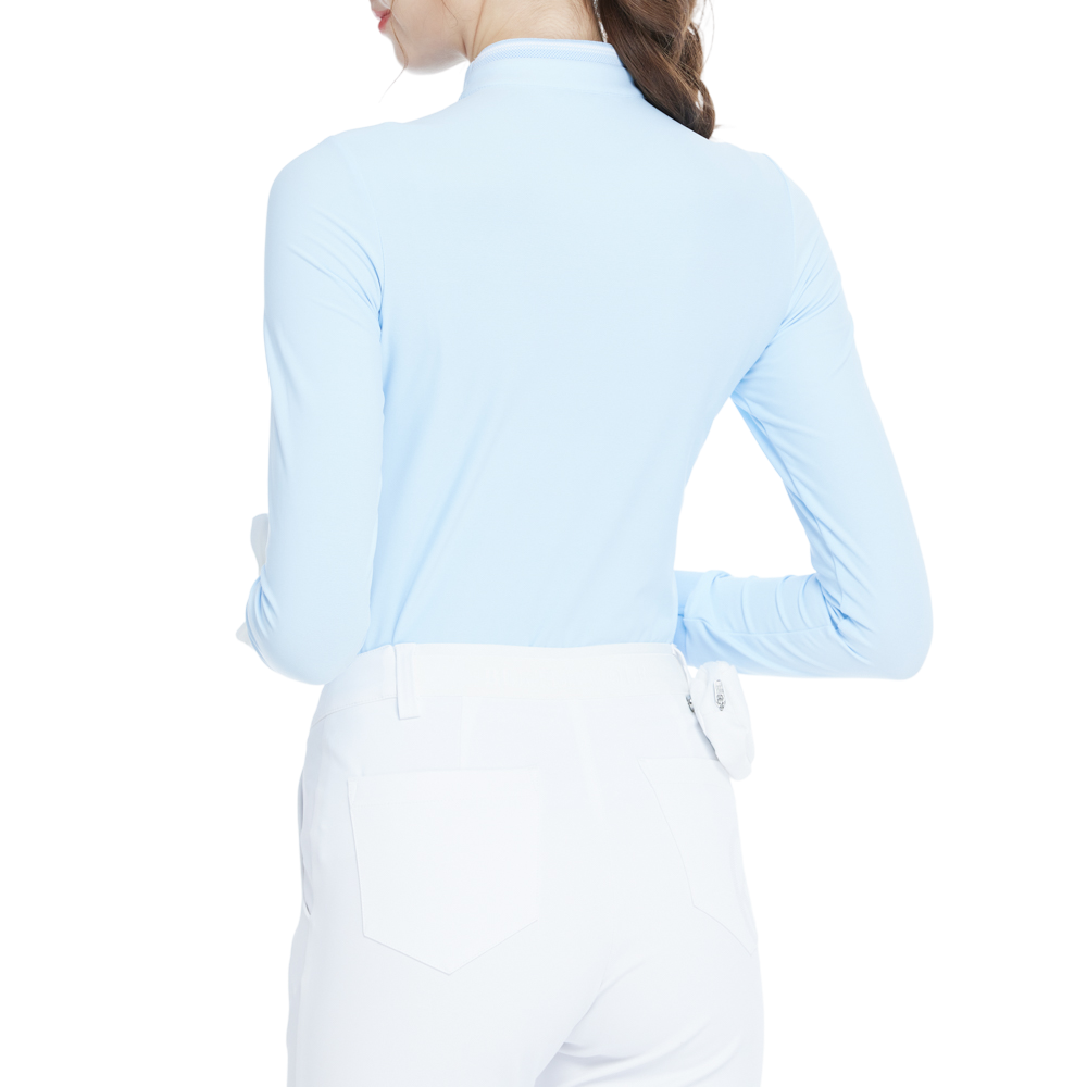 Light blue long-sleeved top with a stand-up collar.