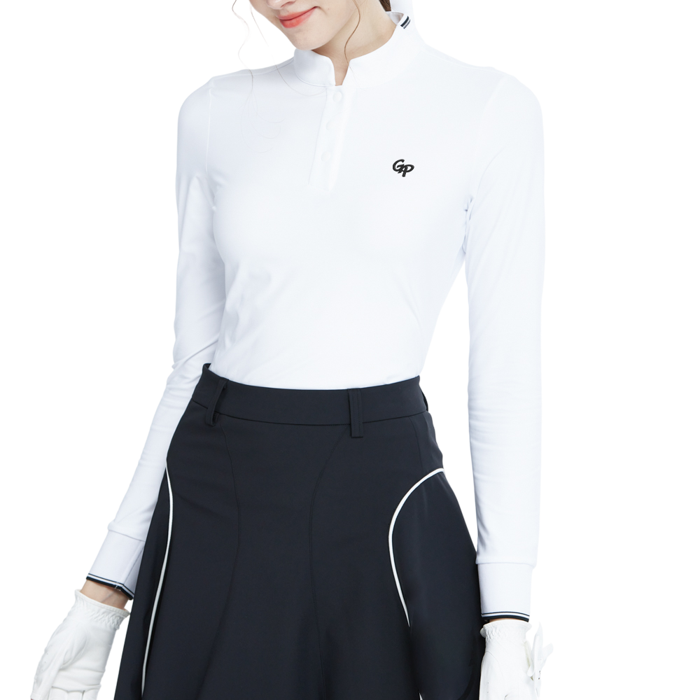 White long-sleeved top with stand-up collar