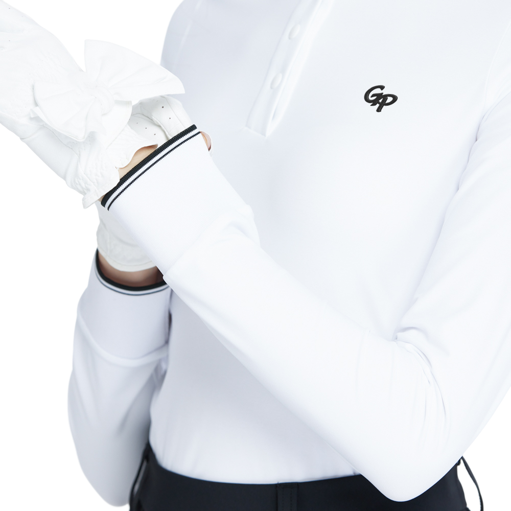 White long-sleeved top with stand-up collar