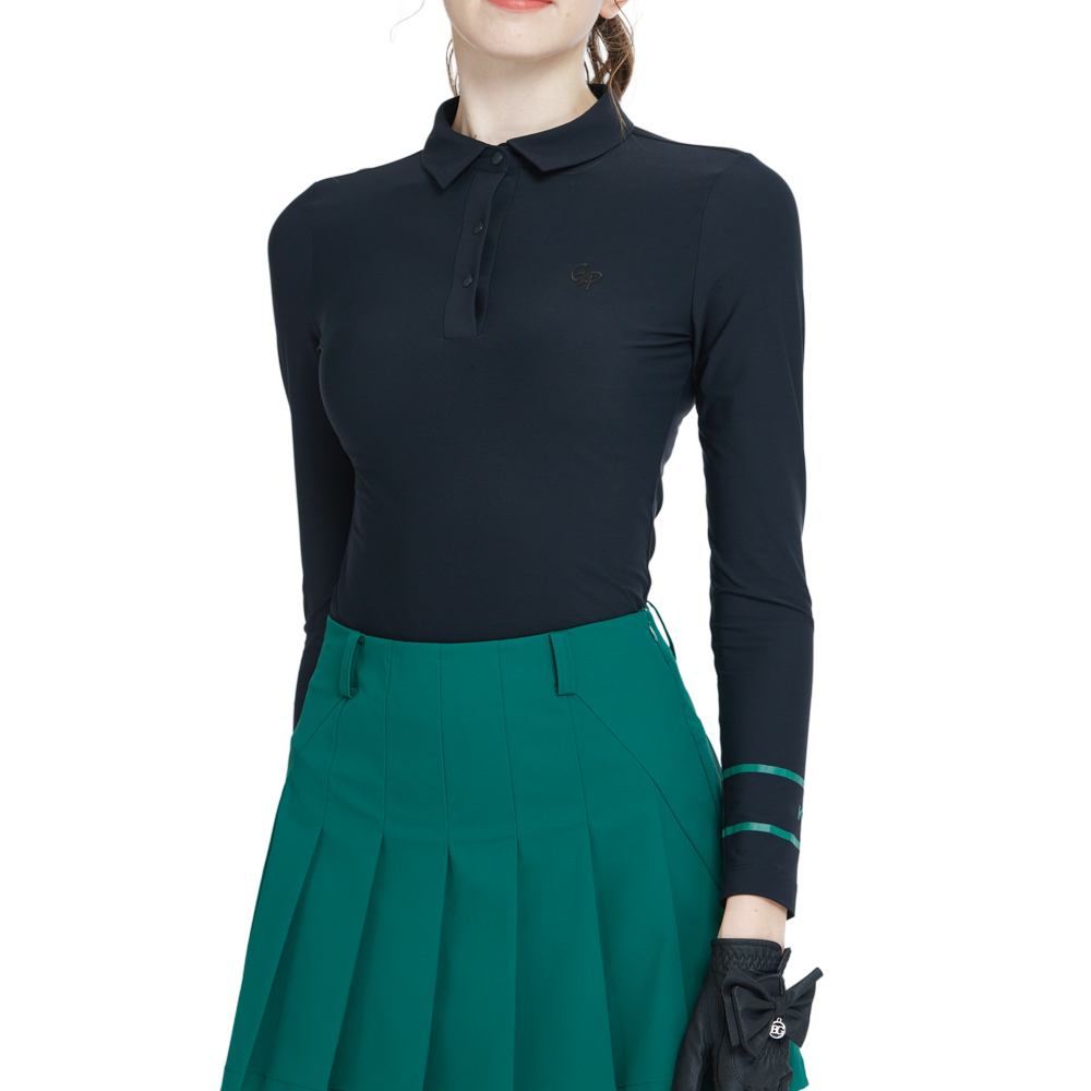 Black brushed fleece long-sleeved top with turn-down collar