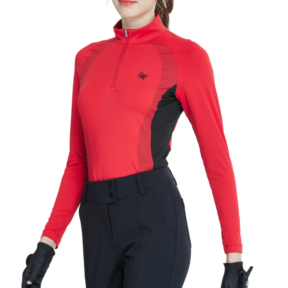 Zippered stand-up collar color-blocked long-sleeved top (red)