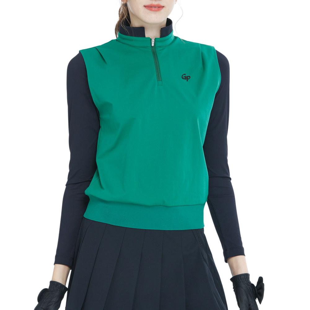 Stand-up collar, fitted waist, long-sleeved vest (green)