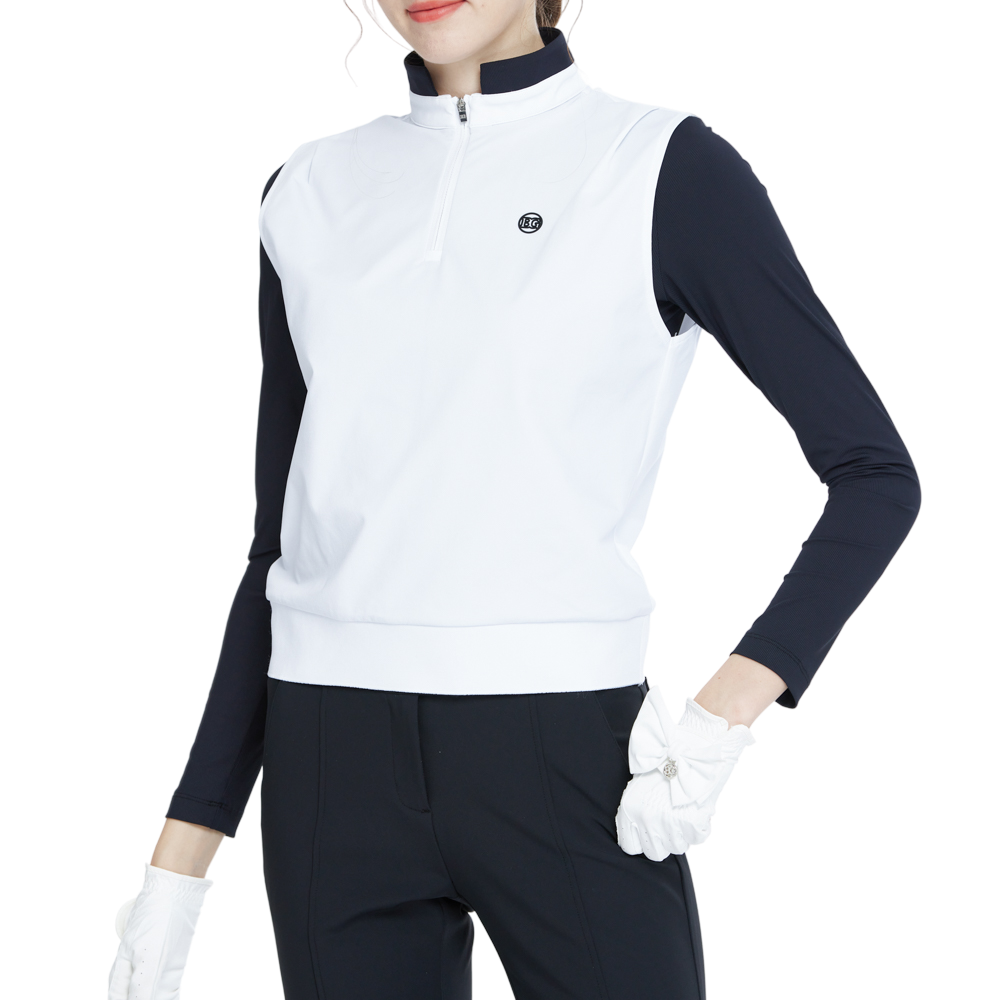 White long-sleeved vest with stand-up collar and fitted waist.