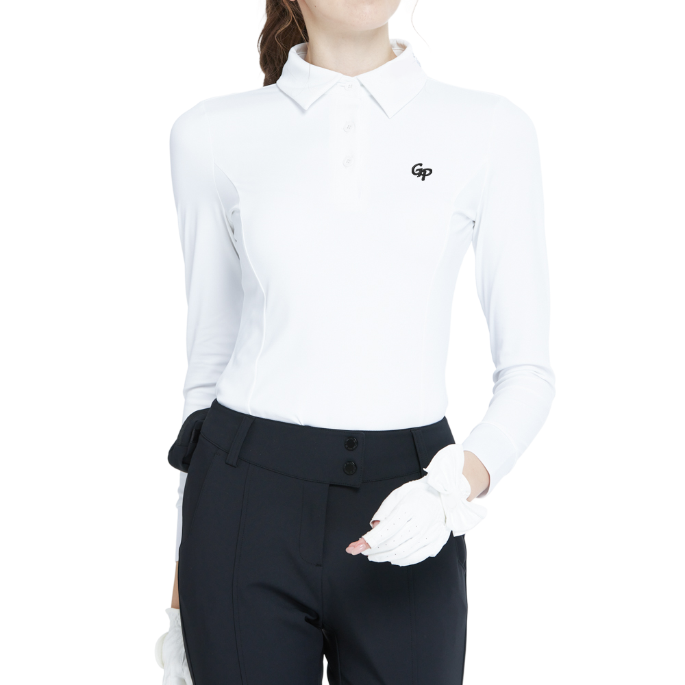 White long-sleeved collared top with rhinestone embellishments.