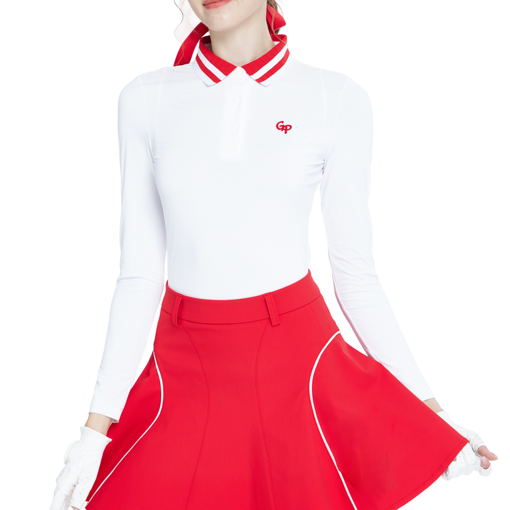 Knitted jacquard collar long-sleeved top (white and red)