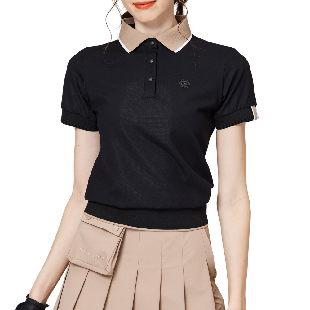 Loose-fitting ribbed hem collared short-sleeved top for women