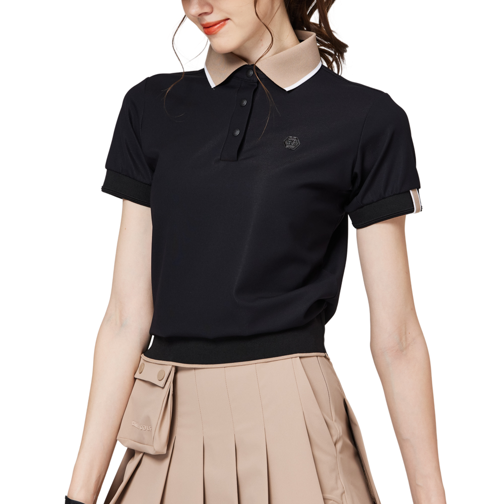 Loose-fitting ribbed hem collared short-sleeved top for women