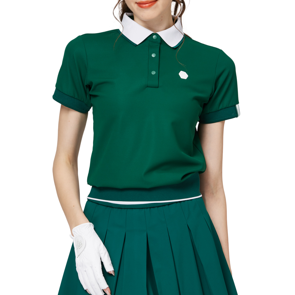 Loose-fitting ribbed hem collared short-sleeved top for women