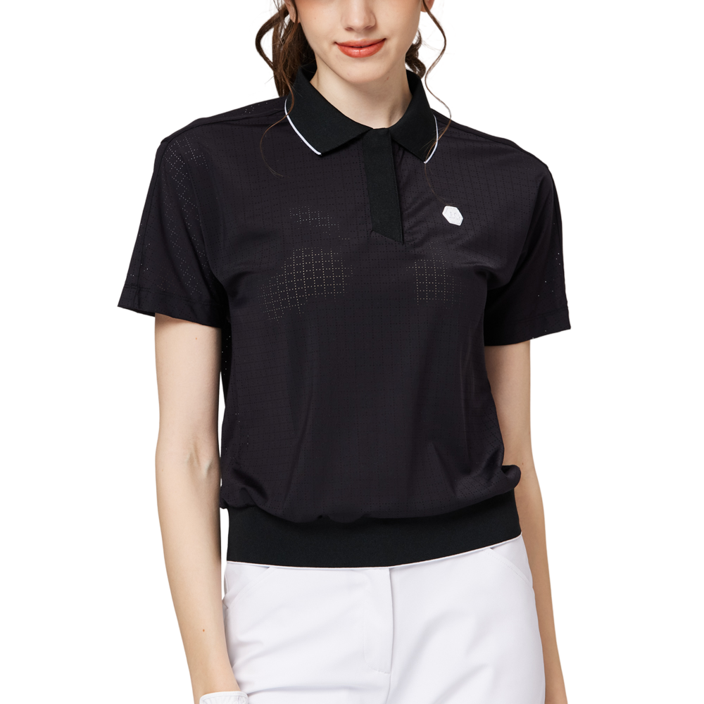 Women's short-sleeved top with full perforation, breathable collar, and gathered hem.