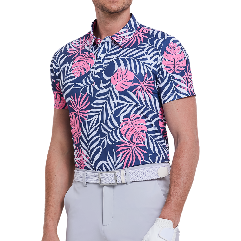 男星孔透氣印花短袖(寶藍洋紅)