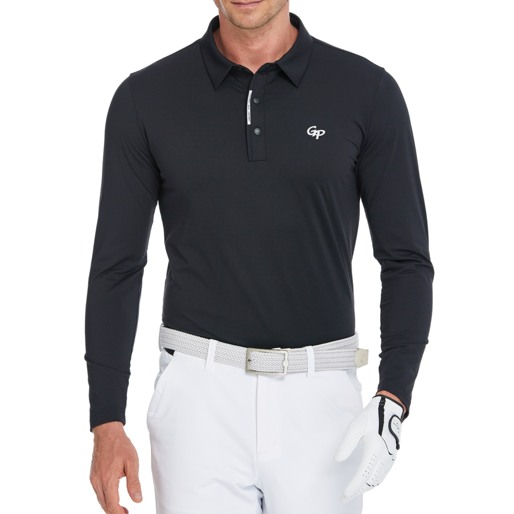 男高密翻領長袖(黑)