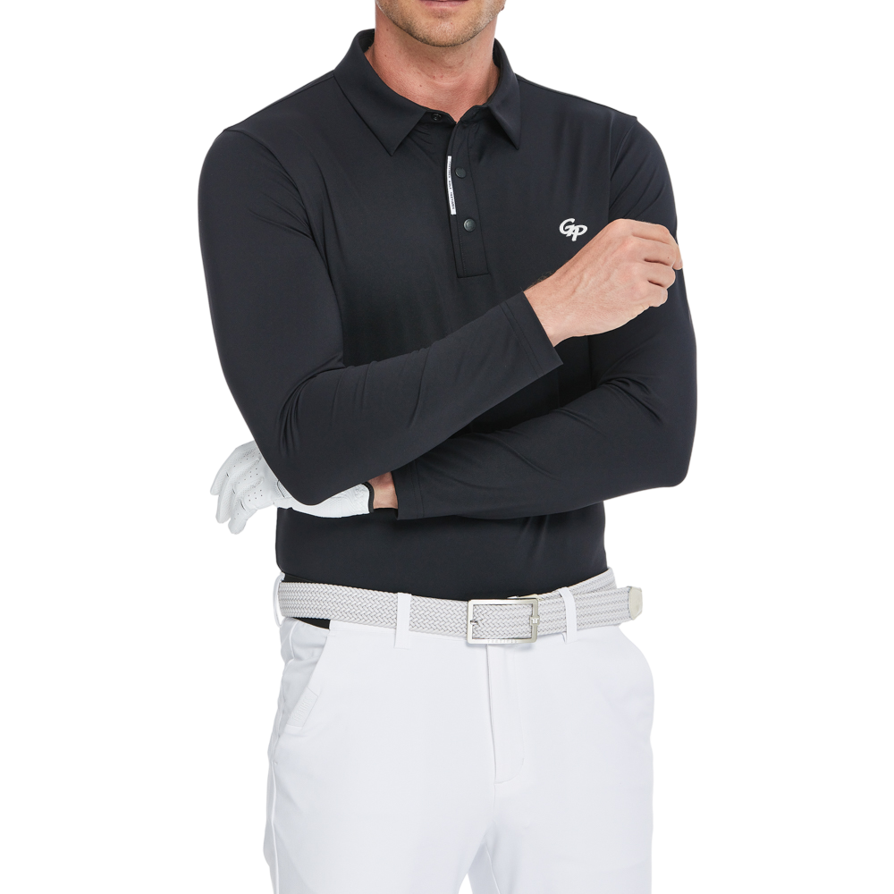 男高密翻領長袖(黑)