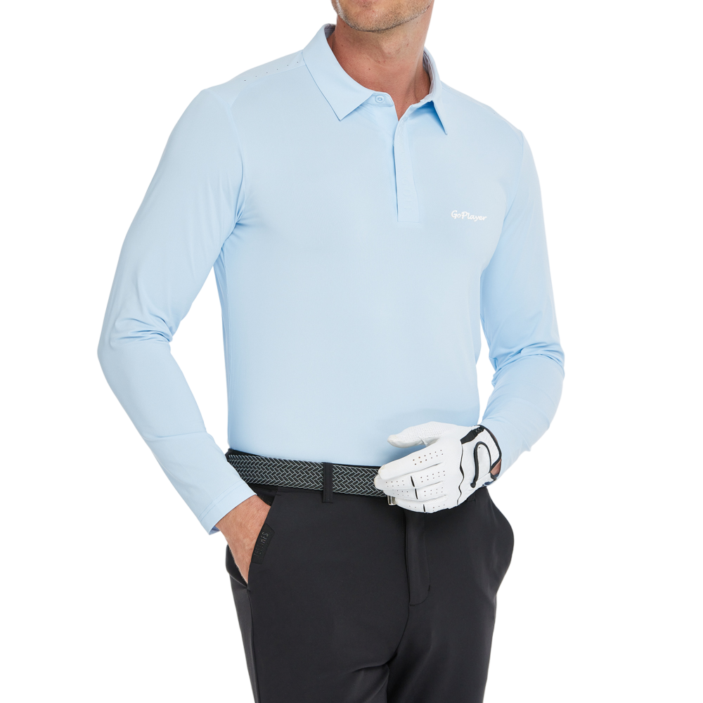 Men's Cool-Feel Long-Sleeved Collared Top (Ice Blue)