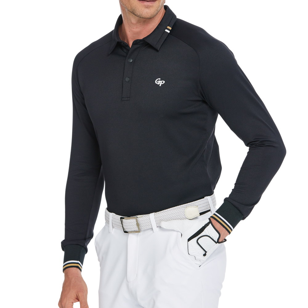 Men's Soft Gloss Long-Sleeved Collared Top (Black)