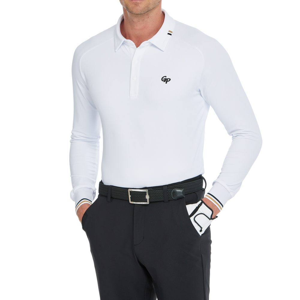Men's Soft Gloss Long-Sleeved Collared Top (White)