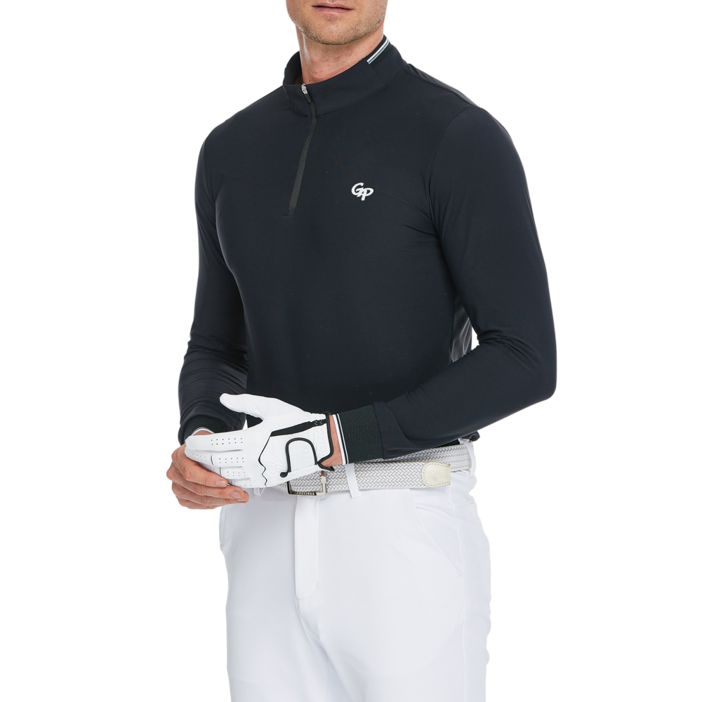 Men's Matte Brushed Elastic Fabric Stand Collar Long Sleeve (Black)