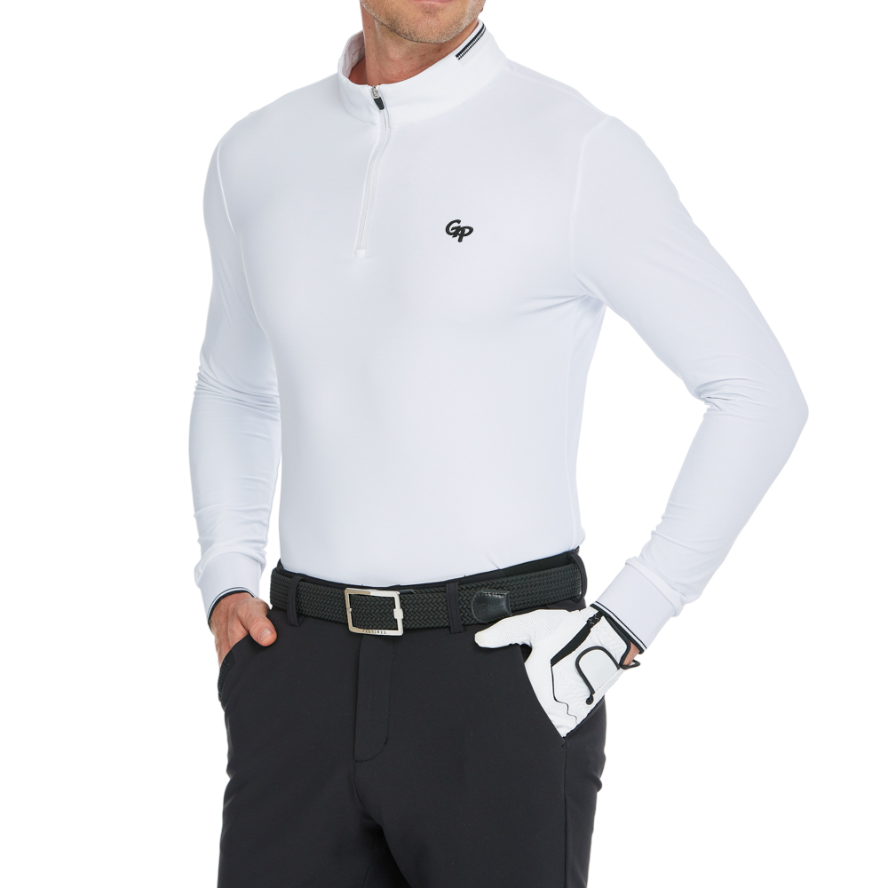 男消光磨毛彈性布立領長袖(白)