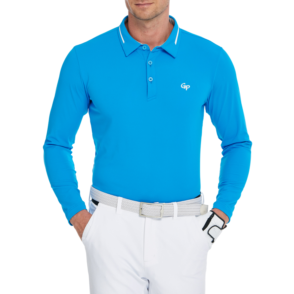 男棉感豎條翻領長袖(彩藍)