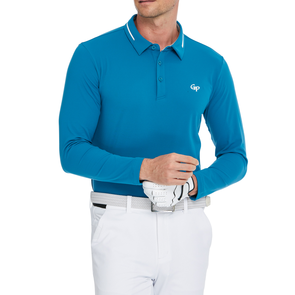 男棉感豎條翻領長袖(墨藍)