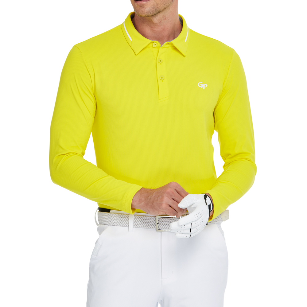 Men's cotton-feel striped long-sleeved shirt with a turn-down collar (yellow)