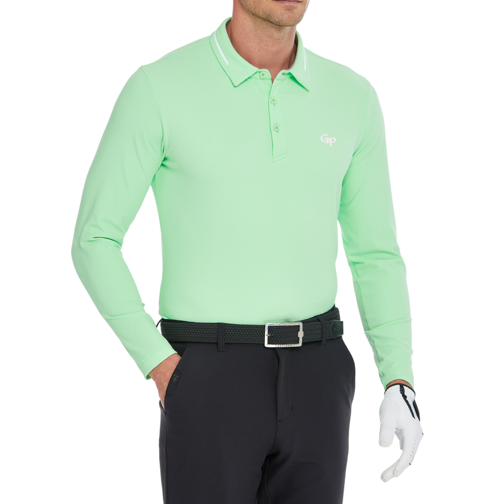 Men's cotton-feel striped collared long-sleeved shirt (light green)