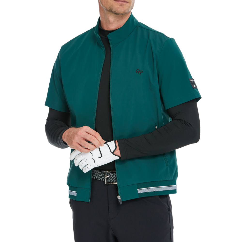 男輕薄防風防潑水半袖風衣(墨綠)