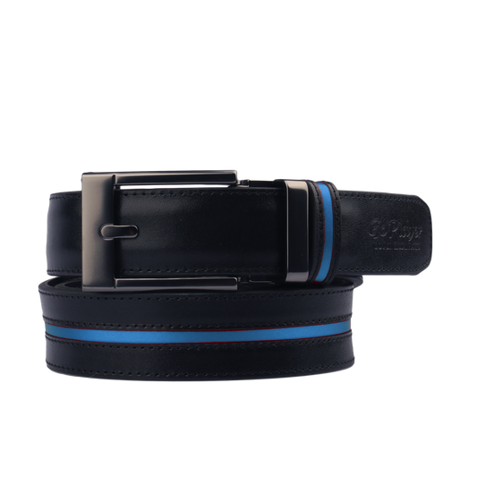 GoPlayer Wide Slide Buckle Black Golf Belt (Blue Stripe)